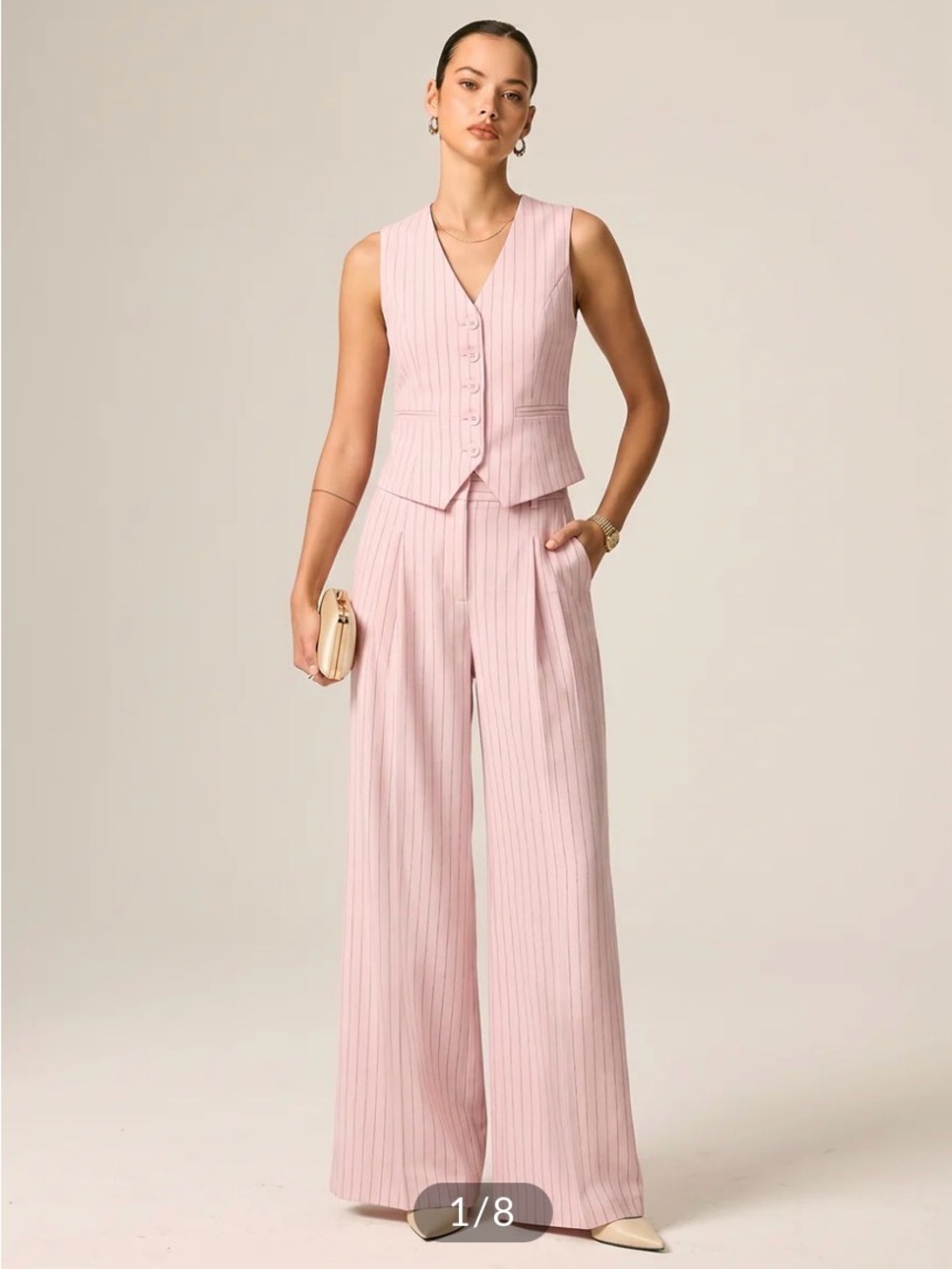 Commense Cotton & Linen Pink Pinstripe Sleeveless Vest & Wide-Leg Pants